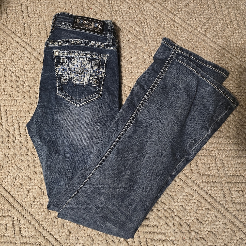 Grace in LA Women's Dark Blue Embroidered Boot Cut Jeans - Picture 2 of 12